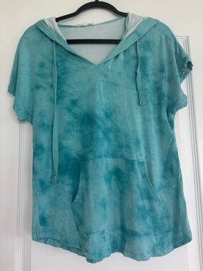 Workshop Republic Tie Dye Hoodie Top Teal Short Sleeve Lightweight Small